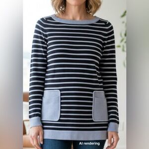 Brooks Brothers Navy & Light Blue Stripe Tunic Sweater Supima Cotton Pockets XS